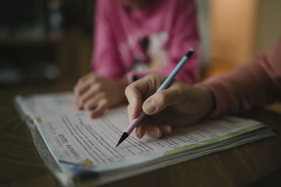 Adult writes in a workbook while a child sits across the table